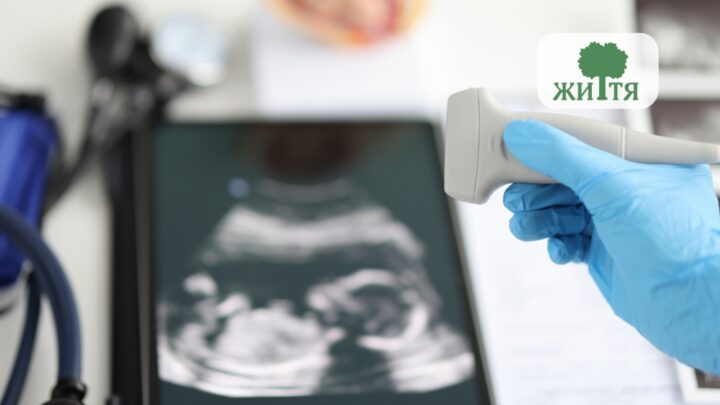 Gloved hand holding an ultrasound probe over a diagnostic ultrasound image on a monitor, with a logo featuring a tree in the corner.